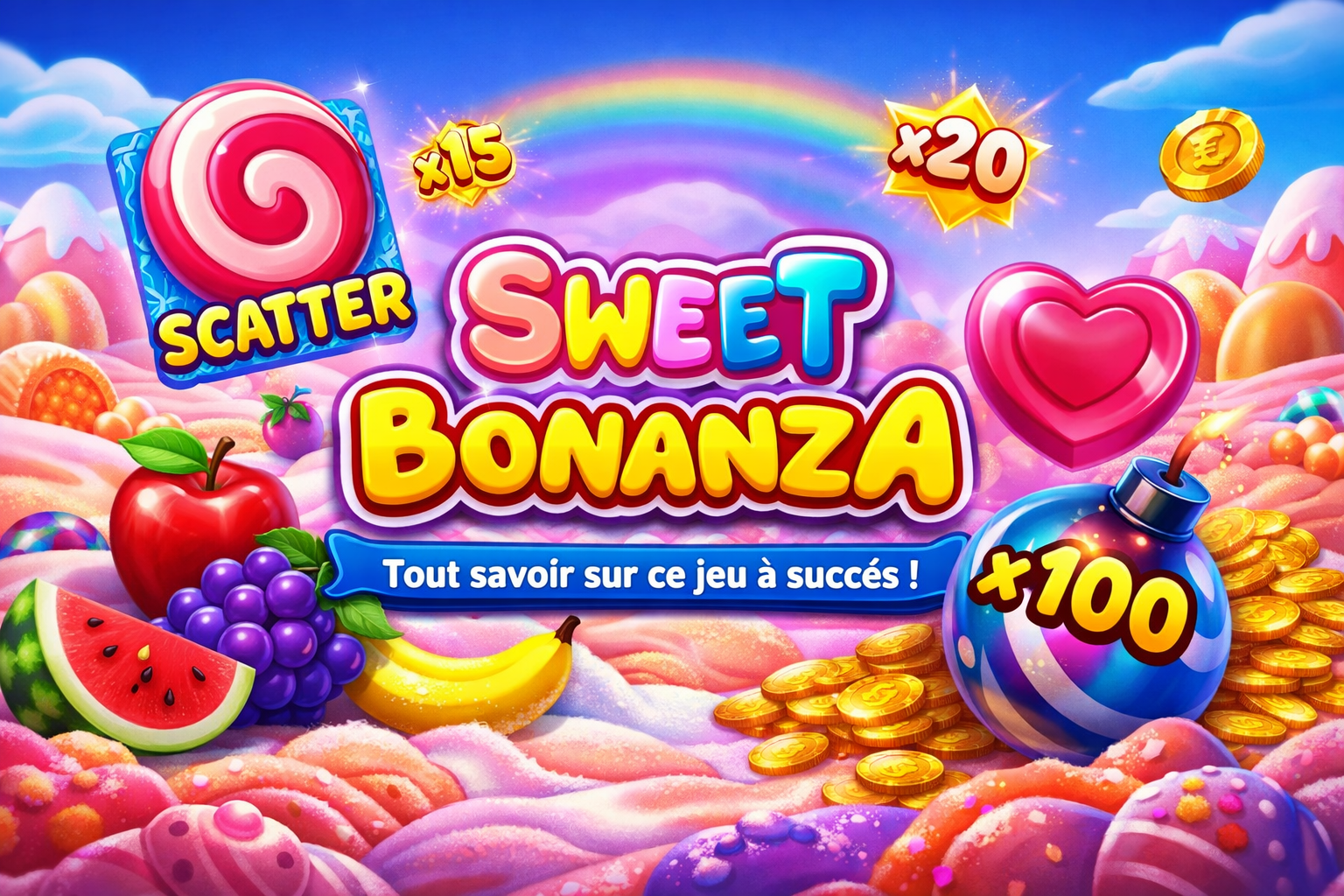 Sweet Bonanza slot avec fruits colorés, bonbons et multiplicateurs, jeu de casino en ligne Pragmatic Play