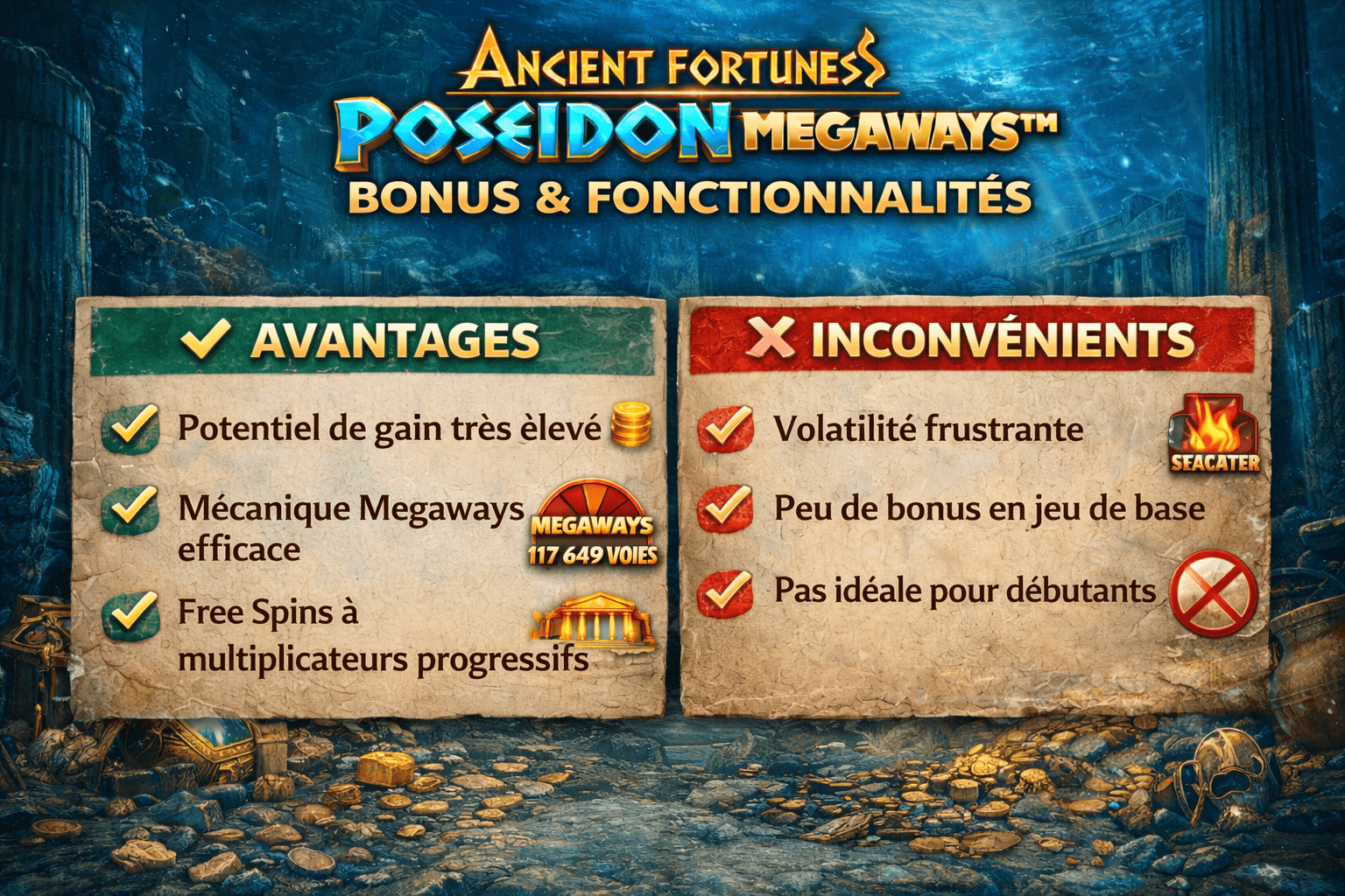 Ancient Fortunes Poseidon Megaways – Tableau des avantages et inconvénients : potentiel de gain élevé, volatilité, mécanique Megaways