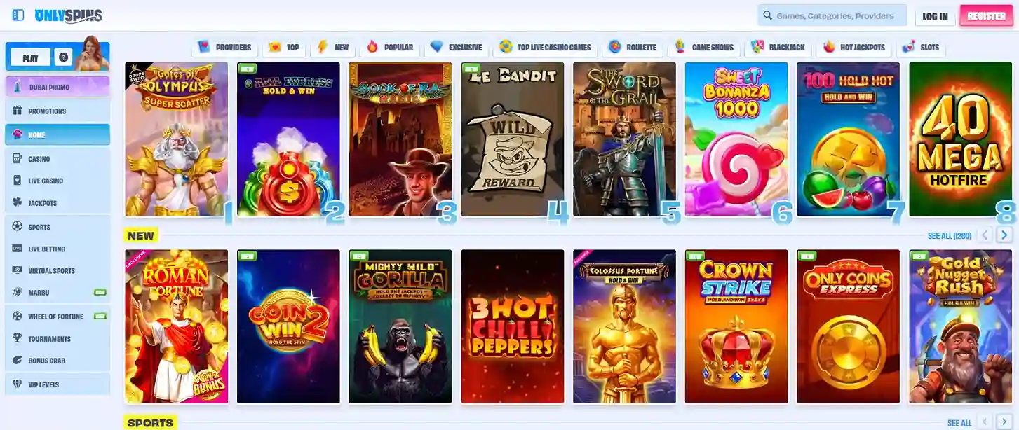 Variété des Jeux sur ONLYSPINS Casino